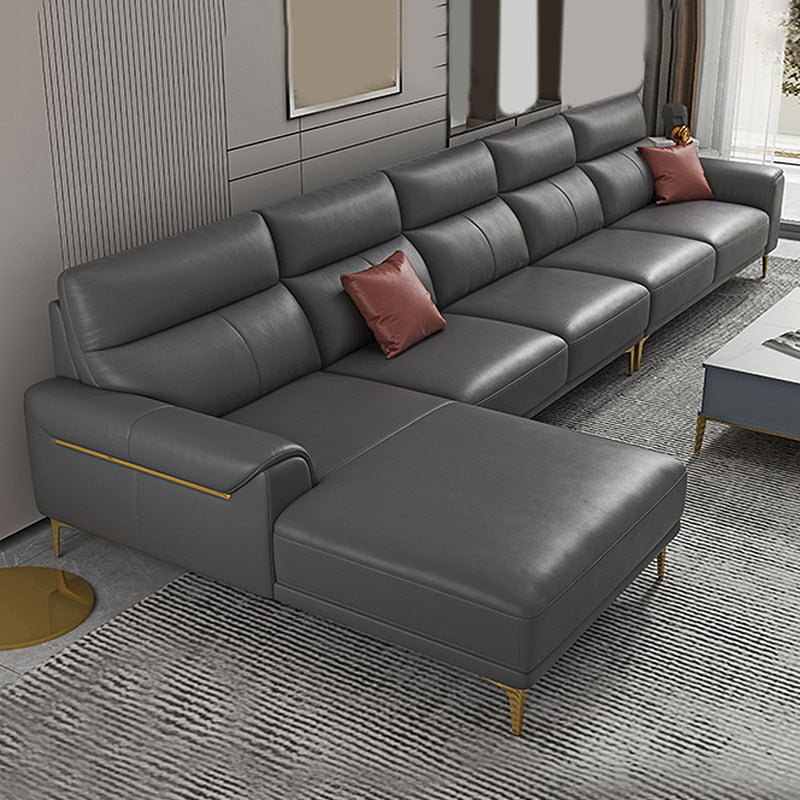 Dark Gray Genuine Leather Sofa and Chaise Pillow Top Arm Sectional for Living Room 153.5"L x 67"W x 36"H Without Ottoman Clearhalo 'furn' 'furn_sectionals' 'Furniture' 'furniture_sectionals' 'Living Room Furniture' 'Sectionals' 4934190