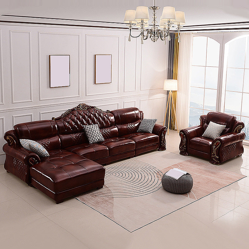 Genuine Leather Rolled Arm Sectional 36.22"High Camel Back Sofa, Dark Brown Clearhalo 'furn' 'furn_sectionals' 'Furniture' 'furniture_sectionals' 'Living Room Furniture' 'Sectionals' 4934231