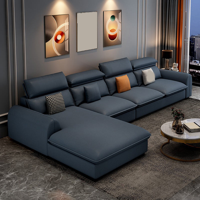 137.8" L√ó 68.90" W √ó 32.68" H Faux Leather Sectional Stain-Resistant Sofa and Chaise Dark Blue Left Clearhalo 'Furniture' 'furniture_sectionals' 'Living Room Furniture' 'Sectionals' 4934332