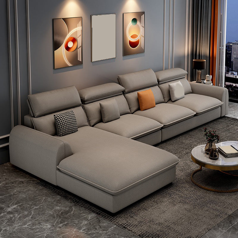 137.8" L√ó 68.90" W √ó 32.68" H Faux Leather Sectional Stain-Resistant Sofa and Chaise Light Gray Left Clearhalo 'Furniture' 'furniture_sectionals' 'Living Room Furniture' 'Sectionals' 4934333