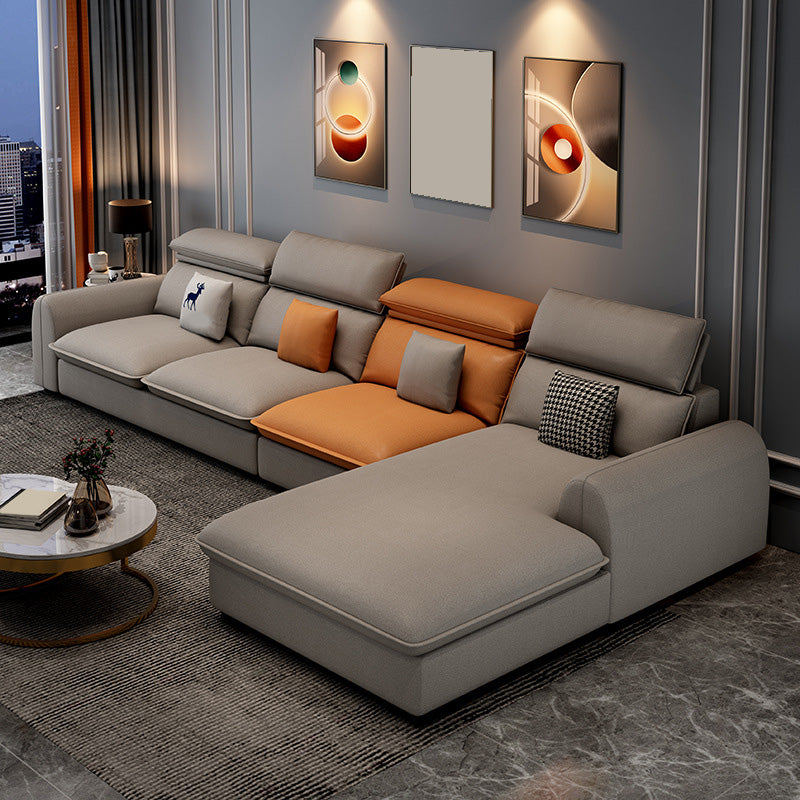 137.8" L√ó 68.90" W √ó 32.68" H Faux Leather Sectional Stain-Resistant Sofa and Chaise Orange Light Grey Right Clearhalo 'Furniture' 'furniture_sectionals' 'Living Room Furniture' 'Sectionals' 4934335