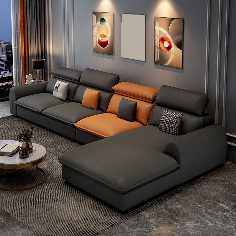 137.8" L√ó 68.90" W √ó 32.68" H Faux Leather Sectional Stain-Resistant Sofa and Chaise Orange Dark Grey Right Latex Clearhalo 'Furniture' 'furniture_sectionals' 'Living Room Furniture' 'Sectionals' 4934337