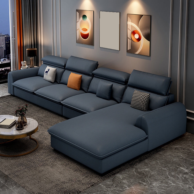 137.8" L√ó 68.90" W √ó 32.68" H Faux Leather Sectional Stain-Resistant Sofa and Chaise Dark Blue Right Clearhalo 'Furniture' 'furniture_sectionals' 'Living Room Furniture' 'Sectionals' 4934341