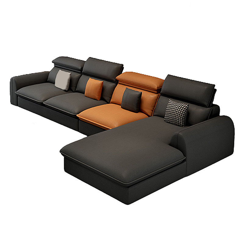 137.8" L√ó 68.90" W √ó 32.68" H Faux Leather Sectional Stain-Resistant Sofa and Chaise Orange Dark Grey Right Sponge Clearhalo 'Furniture' 'furniture_sectionals' 'Living Room Furniture' 'Sectionals' 4934342
