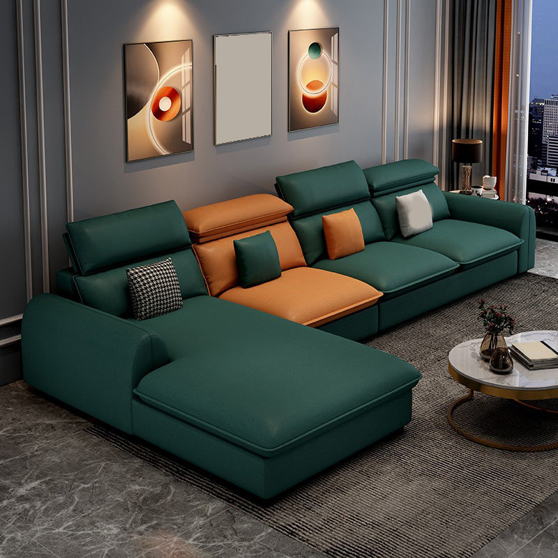 137.8" L√ó 68.90" W √ó 32.68" H Faux Leather Sectional Stain-Resistant Sofa and Chaise Orange Green Left Clearhalo 'Furniture' 'furniture_sectionals' 'Living Room Furniture' 'Sectionals' 4934343