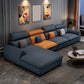 137.8" L√ó 68.90" W √ó 32.68" H Faux Leather Sectional Stain-Resistant Sofa and Chaise Orange Blue Left Clearhalo 'Furniture' 'furniture_sectionals' 'Living Room Furniture' 'Sectionals' 4934349