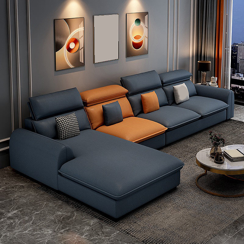 137.8" L√ó 68.90" W √ó 32.68" H Faux Leather Sectional Stain-Resistant Sofa and Chaise Orange Blue Left Clearhalo 'Furniture' 'furniture_sectionals' 'Living Room Furniture' 'Sectionals' 4934349