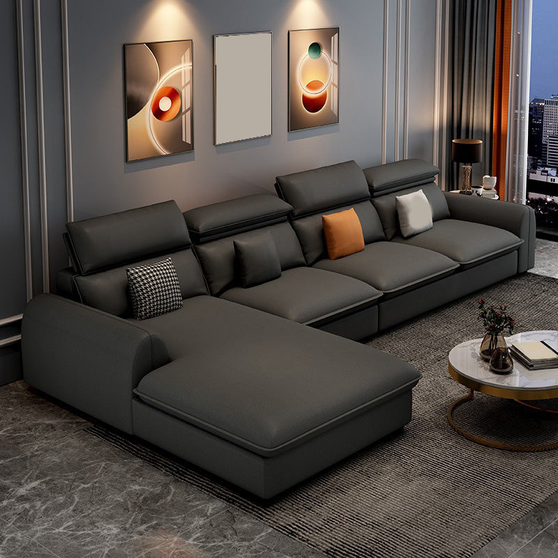 137.8" L√ó 68.90" W √ó 32.68" H Faux Leather Sectional Stain-Resistant Sofa and Chaise Dark Gray Left Clearhalo 'Furniture' 'furniture_sectionals' 'Living Room Furniture' 'Sectionals' 4934351