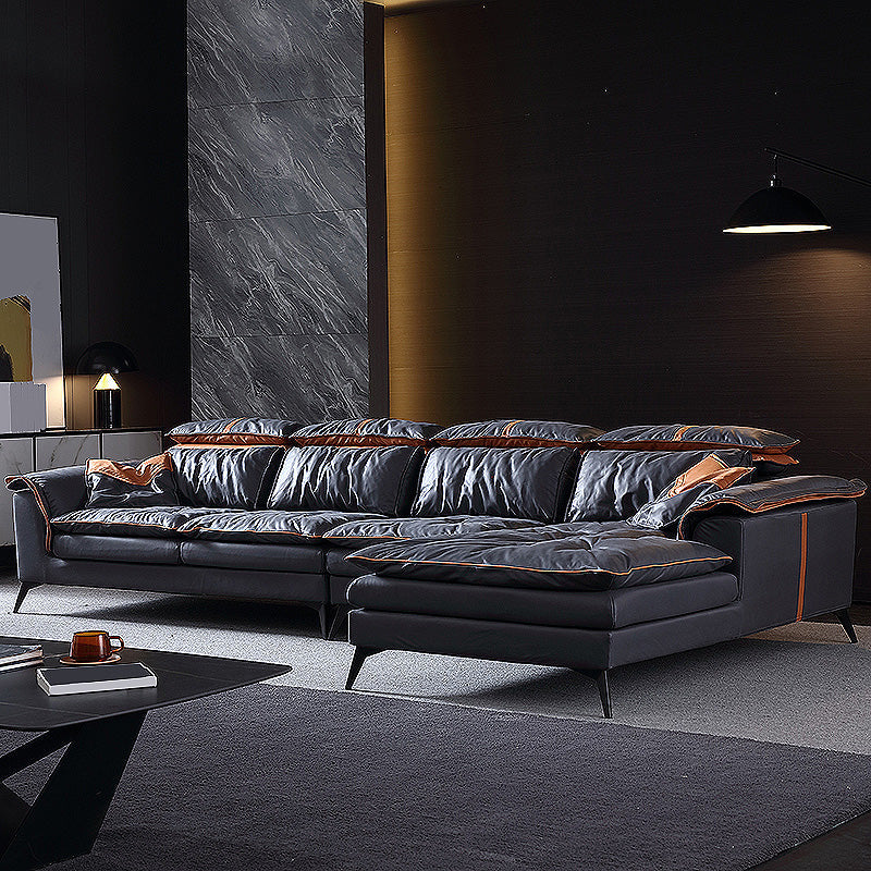 Pillow Top Arm Sectionals 26.22"High Faux Leather Cushion Back Sofa, Black 112"L x 71"W x 36"H Right Down Clearhalo 'furn' 'furn_sectionals' 'Furniture' 'furniture_sectionals' 'Living Room Furniture' 'Sectionals' 4934371