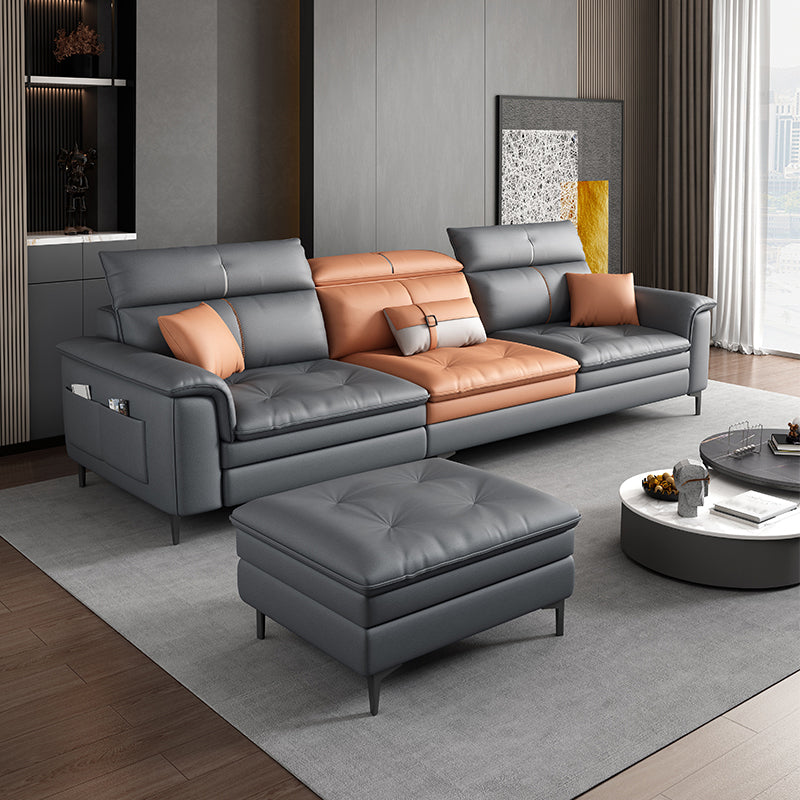 Black and Orange Pillow Top Arm Sectionals 37.4"High Cushion Back Sofa with Storage 106"L x 65"W x 37"H Latex With Ottoman Clearhalo 'furn' 'furn_sectionals' 'Furniture' 'furniture_sectionals' 'Living Room Furniture' 'Sectionals' 4934427