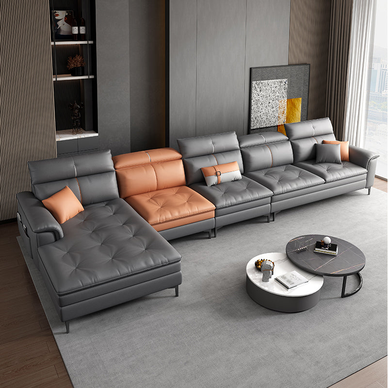 Black and Orange Pillow Top Arm Sectionals 37.4"High Cushion Back Sofa with Storage 161"L x 69"W x 37"H Latex Without Ottoman Clearhalo 'furn' 'furn_sectionals' 'Furniture' 'furniture_sectionals' 'Living Room Furniture' 'Sectionals' 4934429