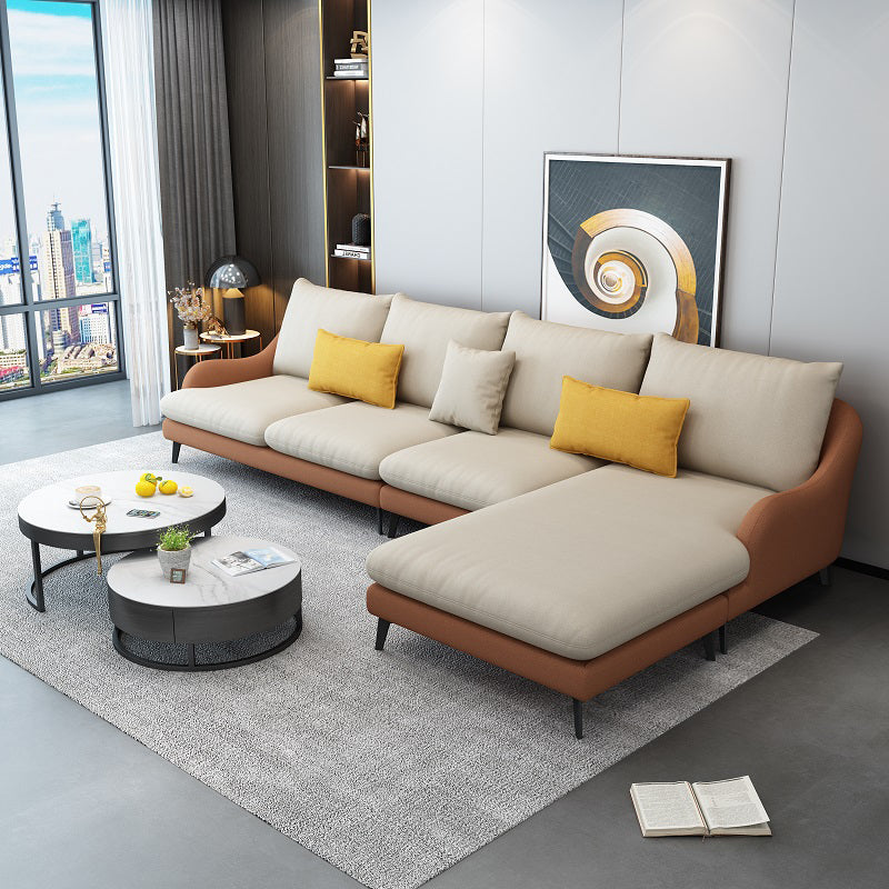 126.0"L √ó 66.9"W √ó 35.8"H Faux Leather Recessed Arm Sectional Slipcovered Sofa and Chaise Gray-Orange Clearhalo 'furn' 'furn_sectionals' 'Furniture' 'furniture_sectionals' 'Living Room Furniture' 'Sectionals' 4934504