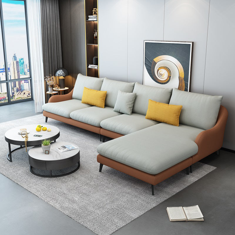 126.0"L √ó 66.9"W √ó 35.8"H Faux Leather Recessed Arm Sectional Slipcovered Sofa and Chaise Orange-Gray Clearhalo 'furn' 'furn_sectionals' 'Furniture' 'furniture_sectionals' 'Living Room Furniture' 'Sectionals' 4934507