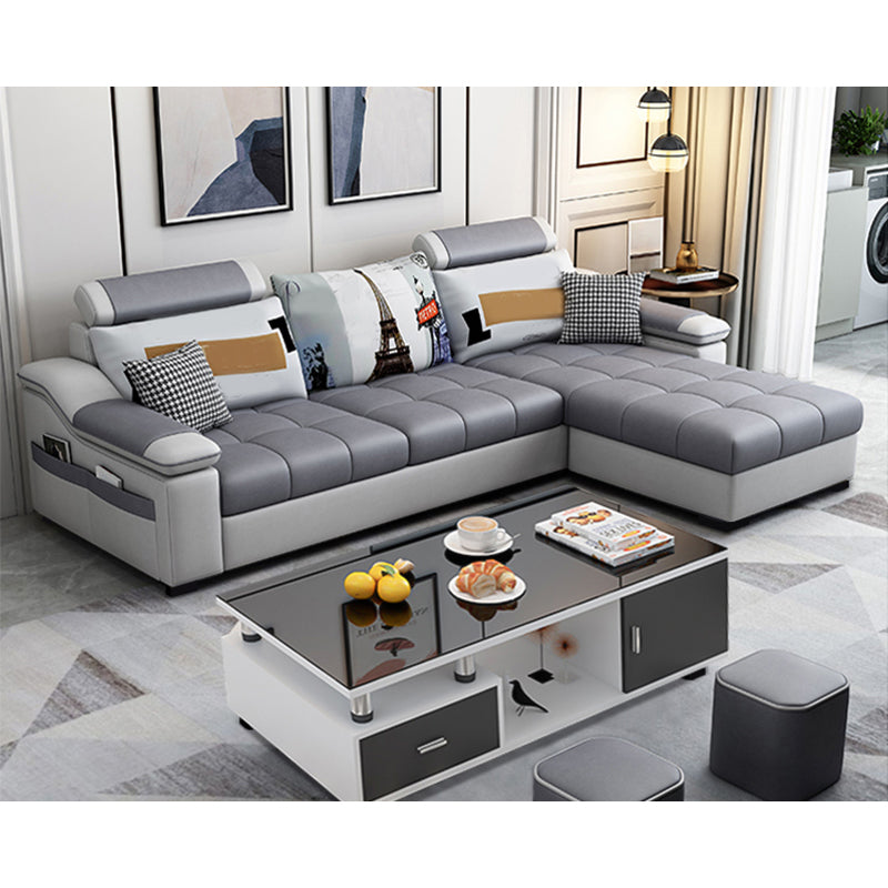 82.5"L Sloped Arm Sectional Cushion Back Sofa with Ottoman Included Grey Faux Leather Clearhalo 'furn' 'furn_sectionals' 'Furniture' 'furniture_sectionals' 'Living Room Furniture' 'Sectionals' 4934542