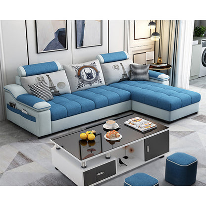 82.5"L Sloped Arm Sectional Cushion Back Sofa with Ottoman Included Sky Blue Cotton Blend Clearhalo 'furn' 'furn_sectionals' 'Furniture' 'furniture_sectionals' 'Living Room Furniture' 'Sectionals' 4934544