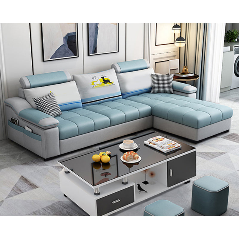 82.5"L Sloped Arm Sectional Cushion Back Sofa with Ottoman Included Sky Blue Faux Leather Clearhalo 'furn' 'furn_sectionals' 'Furniture' 'furniture_sectionals' 'Living Room Furniture' 'Sectionals' 4934545