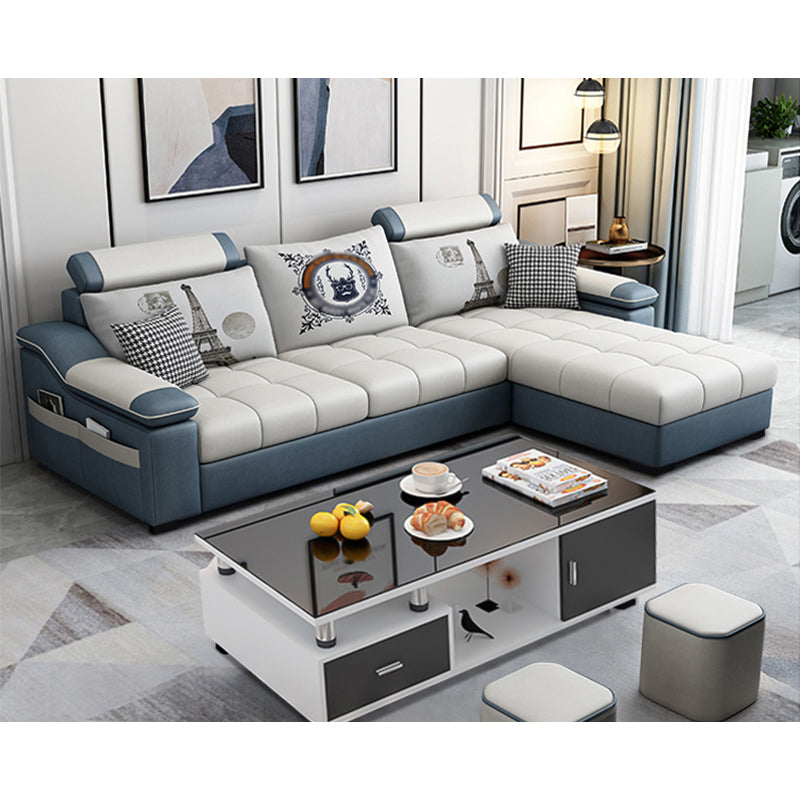 82.5"L Sloped Arm Sectional Cushion Back Sofa with Ottoman Included Blue-White Faux Leather Clearhalo 'furn' 'furn_sectionals' 'Furniture' 'furniture_sectionals' 'Living Room Furniture' 'Sectionals' 4934546