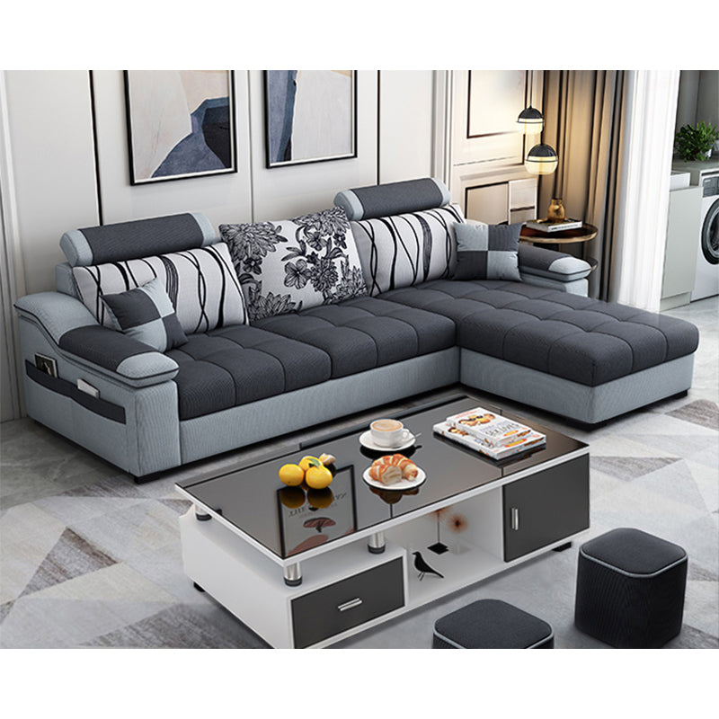 82.5"L Sloped Arm Sectional Cushion Back Sofa with Ottoman Included Dark Gray Cotton Blend Clearhalo 'furn' 'furn_sectionals' 'Furniture' 'furniture_sectionals' 'Living Room Furniture' 'Sectionals' 4934548