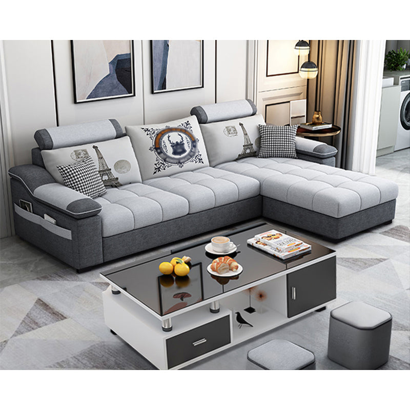 82.5"L Sloped Arm Sectional Cushion Back Sofa with Ottoman Included Dark Grey Light Grey Cotton Blend Clearhalo 'furn' 'furn_sectionals' 'Furniture' 'furniture_sectionals' 'Living Room Furniture' 'Sectionals' 4934551