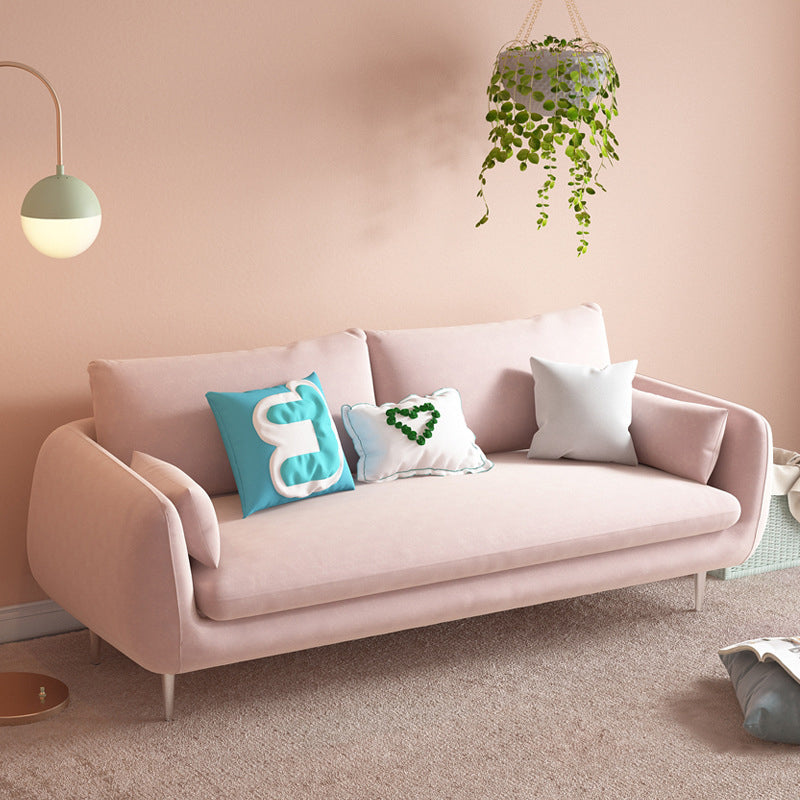 Scandinavian Square Arm Slipcovered Settee Velvet Tight Back Couch 59"L x 31.5"W x 31.5"H Pink Latex Clearhalo 'furn' 'furn_sofas' 'Furniture' 'furniture_sofas' 'Living Room Furniture' 'Sofa' 'sofas' 4934591