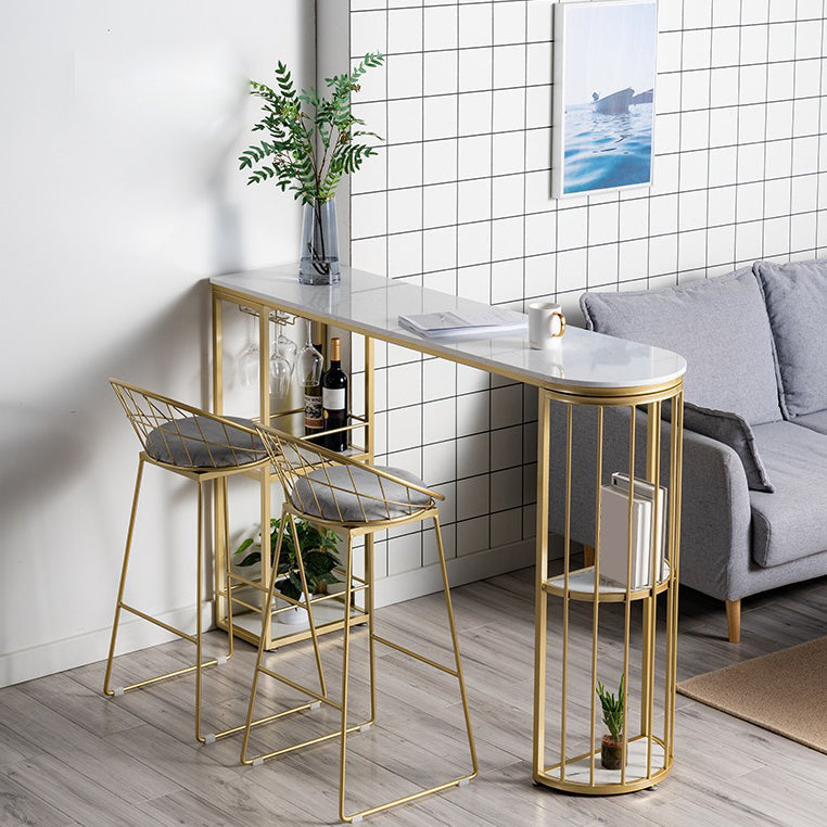 White Stone Bar Table Industrial Bar Dining Table with Sled Base 63"L x 15.7"W x 41.3"H Gold Without Chairs Clearhalo 'Bar Furniture' 'Bar Tables' 'bar_tables' 'furn' 'furn_bar_tables' 'Furniture' 'furniture_bar_tables' 'Kitchen & Dining Furniture' 4939267