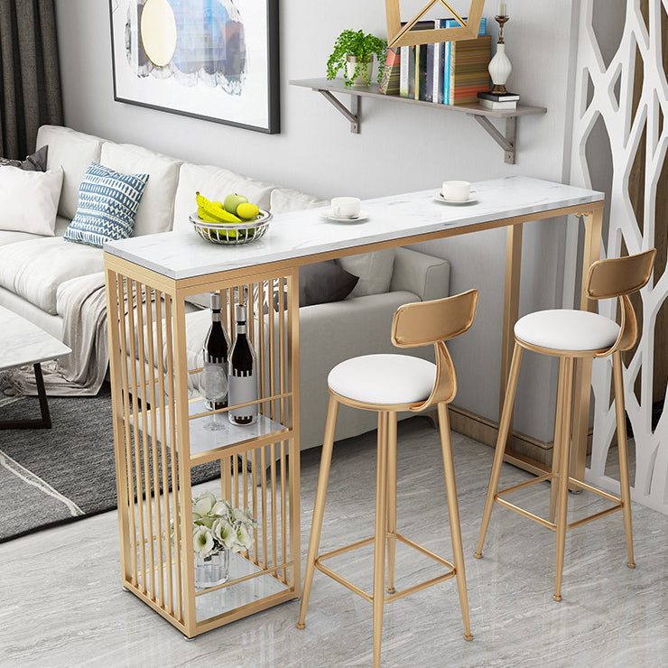 Stone Top Bar Dining Table Traditional Luxury Rectangle Bar Table with Gold Sled Base 55.1"L x 15.7"W x 41.3"H White Without Chairs Clearhalo 'Bar Furniture' 'Bar Tables' 'bar_tables' 'furn' 'furn_bar_tables' 'Furniture' 'furniture_bar_tables' 'Kitchen & Dining Furniture' 4939336