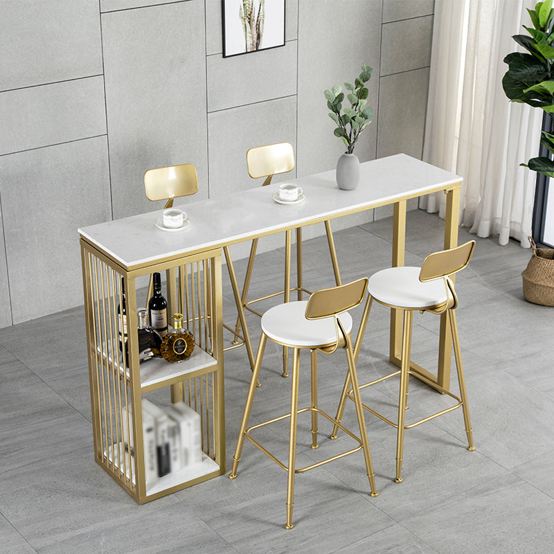 Glam Rectangle Bar Dining Table White Faux Marble Top Iron Indoor Bistro Table with Shelf 78.7"L x 15.7"W x 41.3"H Without Chairs Clearhalo 'Bar Furniture' 'Bar Tables' 'bar_tables' 'furn' 'furn_bar_tables' 'Furniture' 'furniture_bar_tables' 'Kitchen & Dining Furniture' 4939545