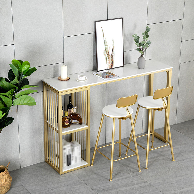 Glam Rectangle Bar Dining Table White Faux Marble Top Iron Indoor Bistro Table with Shelf 70.9"L x 15.7"W x 41.3"H Without Chairs Clearhalo 'Bar Furniture' 'Bar Tables' 'bar_tables' 'furn' 'furn_bar_tables' 'Furniture' 'furniture_bar_tables' 'Kitchen & Dining Furniture' 4939546