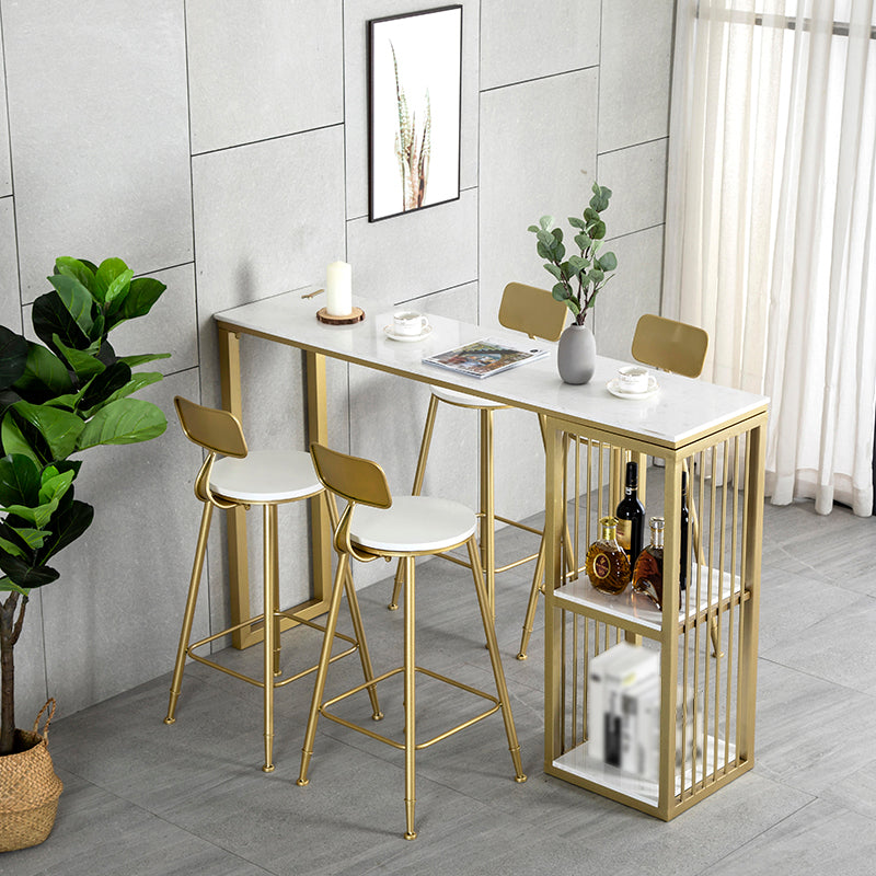 Glam Rectangle Bar Dining Table White Faux Marble Top Iron Indoor Bistro Table with Shelf 63"L x 15.7"W x 41.3"H Without Chairs Clearhalo 'Bar Furniture' 'Bar Tables' 'bar_tables' 'furn' 'furn_bar_tables' 'Furniture' 'furniture_bar_tables' 'Kitchen & Dining Furniture' 4939547