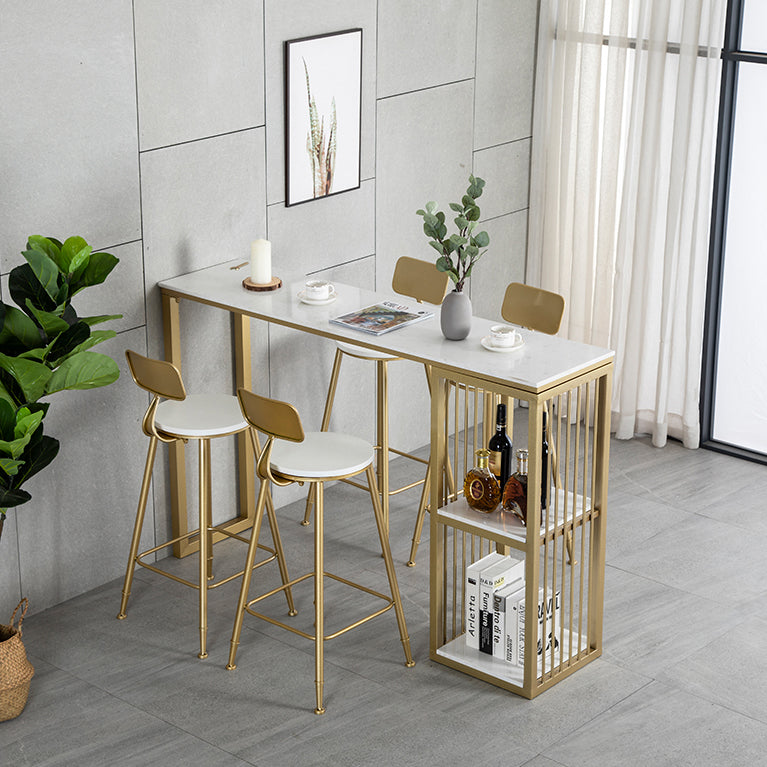 Glam Rectangle Bar Dining Table White Faux Marble Top Iron Indoor Bistro Table with Shelf Clearhalo 'Bar Furniture' 'Bar Tables' 'bar_tables' 'furn' 'furn_bar_tables' 'Furniture' 'furniture_bar_tables' 'Kitchen & Dining Furniture' 4939554