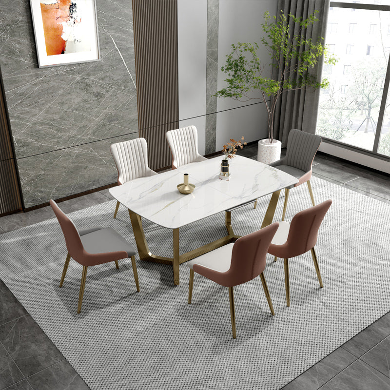 Glam 1/4/5/7 Pieces Scalable Dinette Set with Sintered Stone Rectangle Dining Table Set 7 Pieces: Table, 4 White+2 Grey Chairs Clearhalo 'Dining Room Sets' 'Dining Tables & Seating' 'dining_room_set' 'furn' 'furn_dining_room_set' 'Furniture' 'furniture_dining_room_set' 'Kitchen & Dining Furniture' 4940726