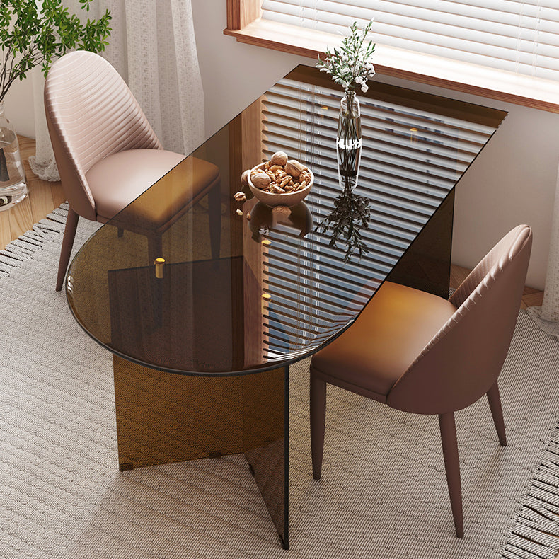 Tempered Glass Dining Table for Restaurant Modern Free Form Table with Double Pedestal Tan 47.2"L x 27.6"W x 29.5"H Without Chairs Clearhalo 'Dining Tables & Seating' 'Dining Tables' 'dining_table' 'furn' 'furn_dining_table' 'Furniture' 'furniture_dining_table' 'Kitchen & Dining Furniture' 'kitchen' 'kitchen_dining_table' 4941164