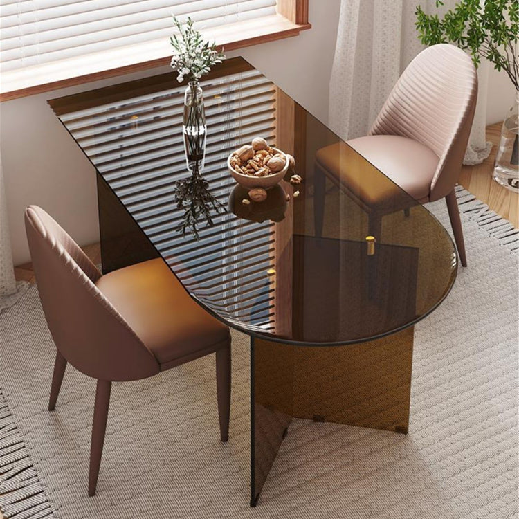 Tempered Glass Dining Table for Restaurant Modern Free Form Table with Double Pedestal Tan 39.4"L x 25.6"W x 29.5"H Without Chairs Clearhalo 'Dining Tables & Seating' 'Dining Tables' 'dining_table' 'furn' 'furn_dining_table' 'Furniture' 'furniture_dining_table' 'Kitchen & Dining Furniture' 'kitchen' 'kitchen_dining_table' 4941166