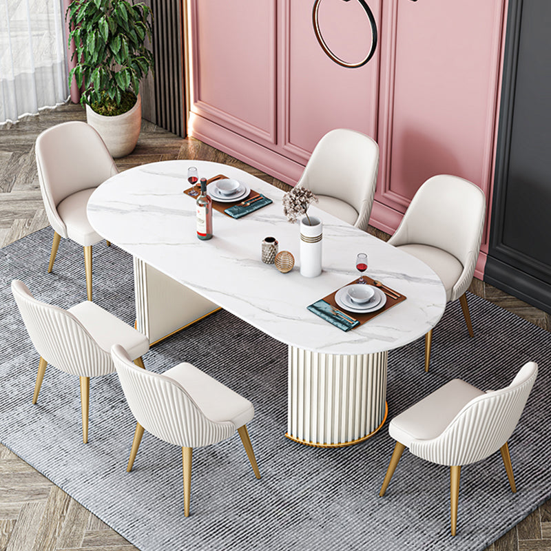 Stone Top Dining Table Contemporary Oval Dining Table with Sled Base 55.1"L x 31.5"W x 29.5"H White Clearhalo 'Dining Tables & Seating' 'Dining Tables' 'dining_table' 'Furniture' 'furniture_dining_table' 'Kitchen & Dining Furniture' 'kitchen' 'kitchen_dining_table' 4941195
