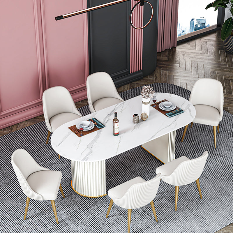 Stone Top Dining Table Contemporary Oval Dining Table with Sled Base 63"L x 31.5"W x 29.5"H White Clearhalo 'Dining Tables & Seating' 'Dining Tables' 'dining_table' 'Furniture' 'furniture_dining_table' 'Kitchen & Dining Furniture' 'kitchen' 'kitchen_dining_table' 4941196
