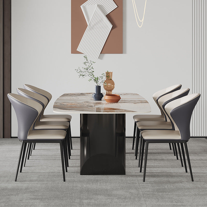 Rectangle Stone Top Dining Table Contemporary Dining Table with Double Pedestal Base Pandora Gold 55.1"L x 31.5"W x 29.5"H Without Chairs Clearhalo 'Dining Tables & Seating' 'Dining Tables' 'dining_table' 'furn' 'furn_dining_table' 'Furniture' 'furniture_dining_table' 'Kitchen & Dining Furniture' 'kitchen' 'kitchen_dining_table' 4941271