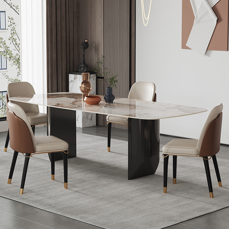 Rectangle Stone Top Dining Table Contemporary Dining Table with Double Pedestal Base Pandora Gold 70.9"L x 35.4"W x 29.5"H Without Chairs Clearhalo 'Dining Tables & Seating' 'Dining Tables' 'dining_table' 'furn' 'furn_dining_table' 'Furniture' 'furniture_dining_table' 'Kitchen & Dining Furniture' 'kitchen' 'kitchen_dining_table' 4941272