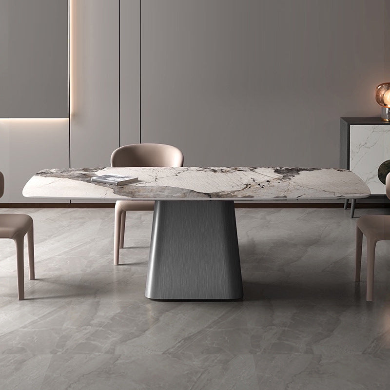 Rectangle Stone Dining Table Modern Dining Table with Pedestal Base Gray 63"L x 35.4"W x 29.5"H Without Chairs Clearhalo 'Dining Tables & Seating' 'Dining Tables' 'dining_table' 'furn' 'furn_dining_table' 'Furniture' 'furniture_dining_table' 'Kitchen & Dining Furniture' 'kitchen' 'kitchen_dining_table' 4941285