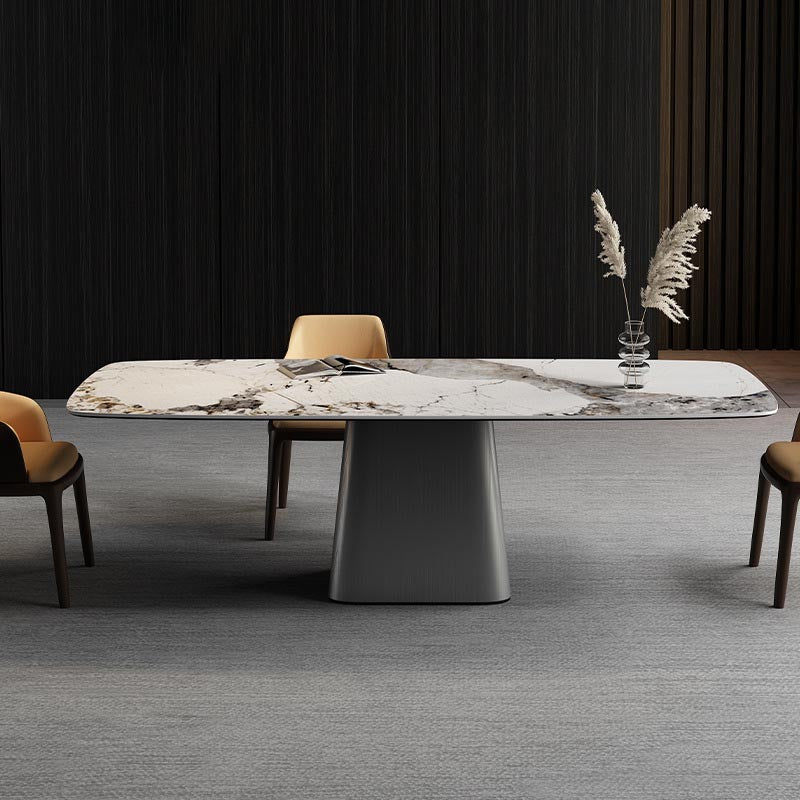 Stone Top Dining Table Contemporary Rectangle Table with Pedestal Base Grey Without Chairs Clearhalo 'Dining Tables & Seating' 'Dining Tables' 'dining_table' 'furn' 'furn_dining_table' 'Furniture' 'furniture_dining_table' 'Kitchen & Dining Furniture' 'kitchen' 'kitchen_dining_table' 4941299