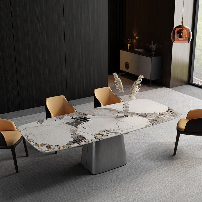 Stone Top Dining Table Contemporary Rectangle Table with Pedestal Base Grey 55.1"L x 31.5"W x 29.5"H Without Chairs Clearhalo 'Dining Tables & Seating' 'Dining Tables' 'dining_table' 'furn' 'furn_dining_table' 'Furniture' 'furniture_dining_table' 'Kitchen & Dining Furniture' 'kitchen' 'kitchen_dining_table' 4941300
