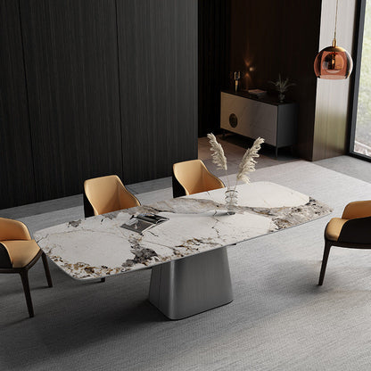 Stone Top Dining Table Contemporary Rectangle Table with Pedestal Base Grey 55.1"L x 31.5"W x 29.5"H Without Chairs Clearhalo 'Dining Tables & Seating' 'Dining Tables' 'dining_table' 'furn' 'furn_dining_table' 'Furniture' 'furniture_dining_table' 'Kitchen & Dining Furniture' 'kitchen' 'kitchen_dining_table' 4941300