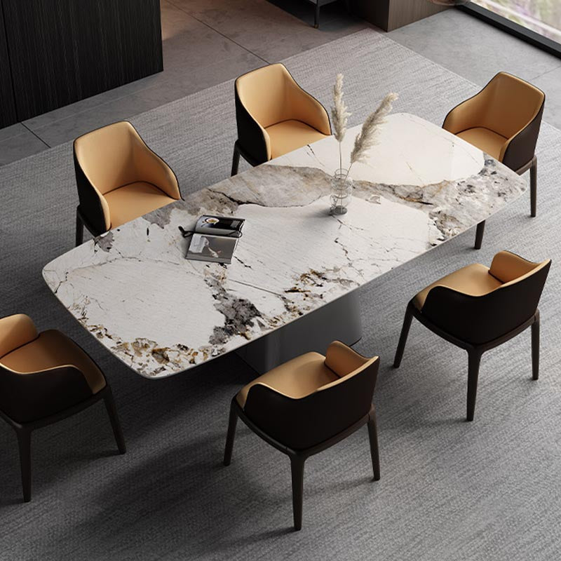 Stone Top Dining Table Contemporary Rectangle Table with Pedestal Base Grey 70.9"L x 35.4"W x 29.5"H Without Chairs Clearhalo 'Dining Tables & Seating' 'Dining Tables' 'dining_table' 'furn' 'furn_dining_table' 'Furniture' 'furniture_dining_table' 'Kitchen & Dining Furniture' 'kitchen' 'kitchen_dining_table' 4941301
