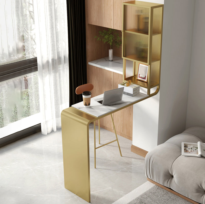 Stone Bar Dining Table Modern Bar Table with Pedestal and Glass Locker for Living Room 61"L x 15.7"W x 80.7"H Gold Without Chairs Clearhalo 'Bar Furniture' 'Bar Tables' 'bar_tables' 'furn' 'furn_bar_tables' 'Furniture' 'furniture_bar_tables' 'Kitchen & Dining Furniture' 4946199