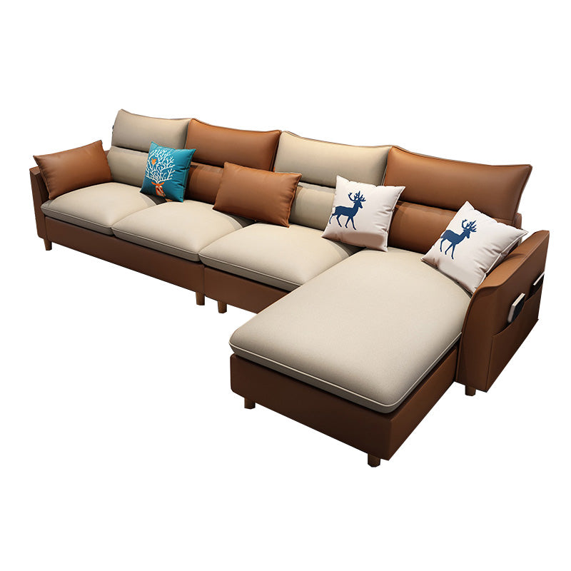 L-Shape High Back Sectional Slipcovered Straight Arm Sofa with Storage Beige Orange Faux Leather Clearhalo 'furn' 'furn_sectionals' 'Furniture' 'furniture_sectionals' 'Living Room Furniture' 'Sectionals' 4946344