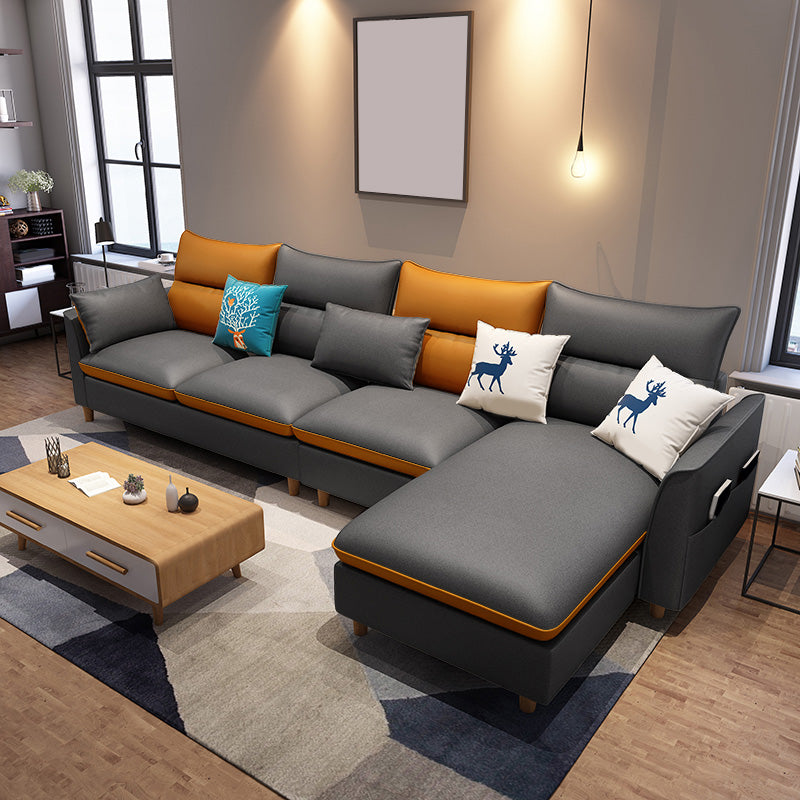 L-Shape High Back Sectional Slipcovered Straight Arm Sofa with Storage Orange Dark Grey Faux Leather Clearhalo 'furn' 'furn_sectionals' 'Furniture' 'furniture_sectionals' 'Living Room Furniture' 'Sectionals' 4946345