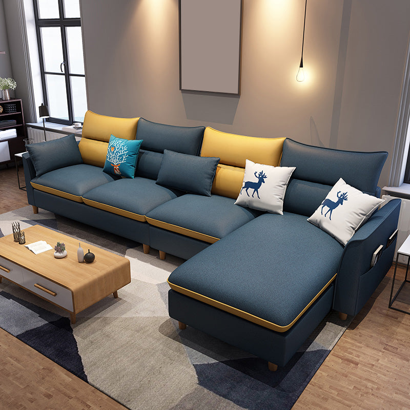 L-Shape High Back Sectional Slipcovered Straight Arm Sofa with Storage Blue-Yellow Clearhalo 'furn' 'furn_sectionals' 'Furniture' 'furniture_sectionals' 'Living Room Furniture' 'Sectionals' 4946346