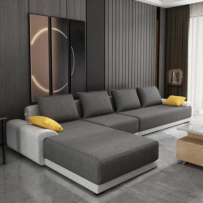 L-Shape Pillow Back Sofa and Chaise Faux Leather/Cotton-Blend Sectional for 4 People Cotton Blend Dark Gray Clearhalo 'furn' 'furn_sectionals' 'Furniture' 'furniture_sectionals' 'Living Room Furniture' 'Sectionals' 4946421