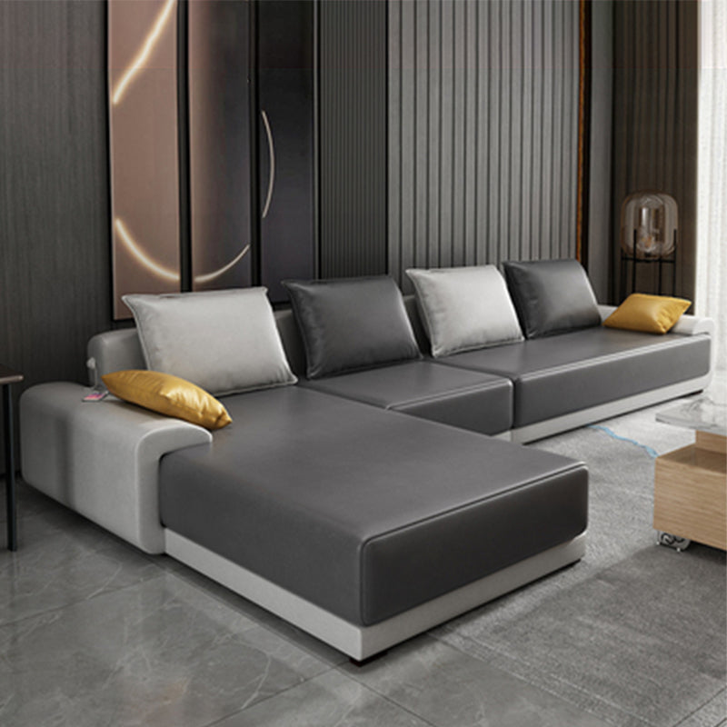 L-Shape Pillow Back Sofa and Chaise Faux Leather/Cotton-Blend Sectional for 4 People Faux Leather Dark Gray Clearhalo 'furn' 'furn_sectionals' 'Furniture' 'furniture_sectionals' 'Living Room Furniture' 'Sectionals' 4946422