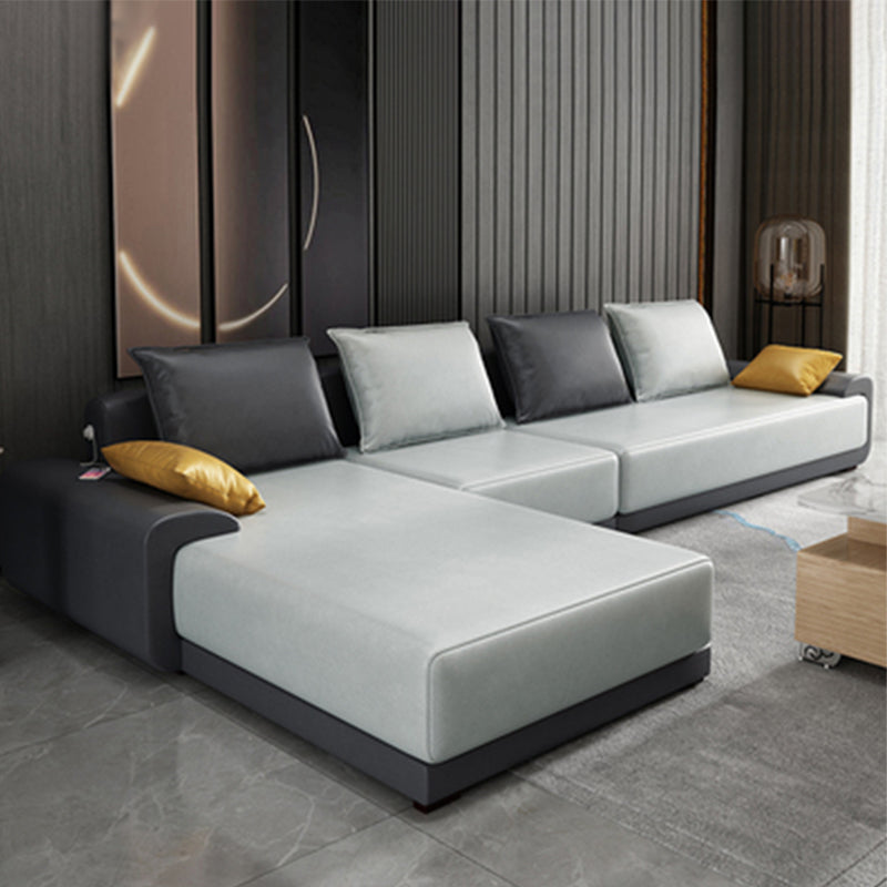 L-Shape Pillow Back Sofa and Chaise Faux Leather/Cotton-Blend Sectional for 4 People Faux Leather White Clearhalo 'furn' 'furn_sectionals' 'Furniture' 'furniture_sectionals' 'Living Room Furniture' 'Sectionals' 4946425