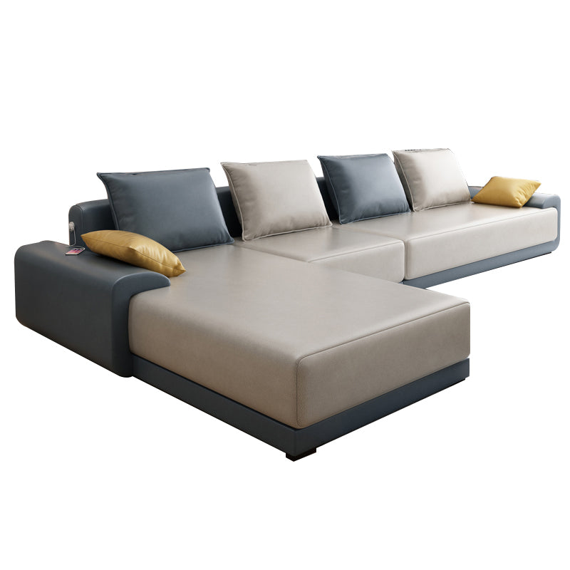 L-Shape Pillow Back Sofa and Chaise Faux Leather/Cotton-Blend Sectional for 4 People Faux Leather Light Yellow Sponge Clearhalo 'furn' 'furn_sectionals' 'Furniture' 'furniture_sectionals' 'Living Room Furniture' 'Sectionals' 4946426